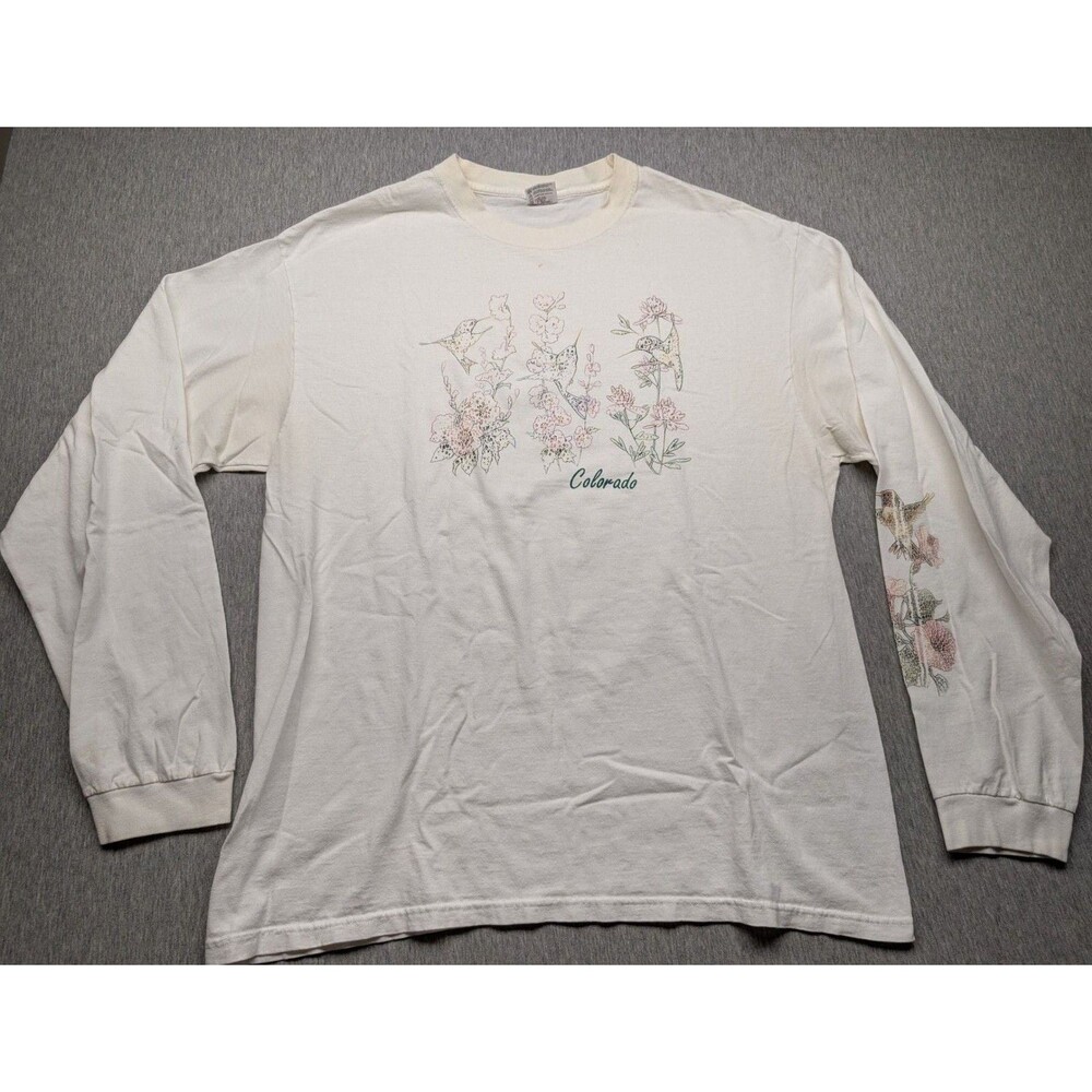 Vintage Anvil Colorado Hummingbird and Floral Graphic Long Sleeve T-Shirt